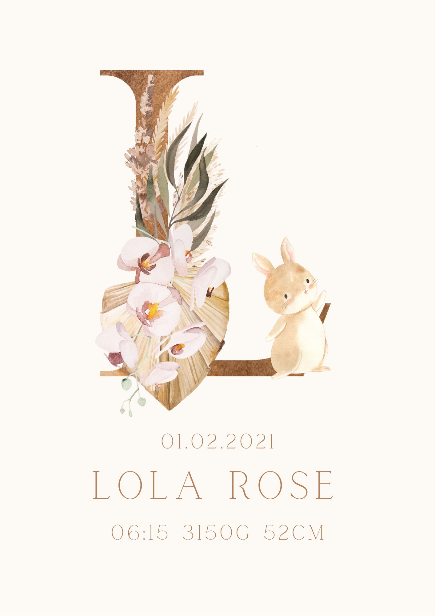 Droogbloemen boho konijn letter baby geboorteposter